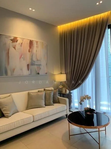 Living features: cream fabric sofa, decorative cushions, round coffee table with black surface, framed artwork on wall, floor-to-ceiling windows, sheer curtains, recessed downlights, wall-mounted lamp, decorative plant on table, light grey painted walls, tile flooring; style: modern.