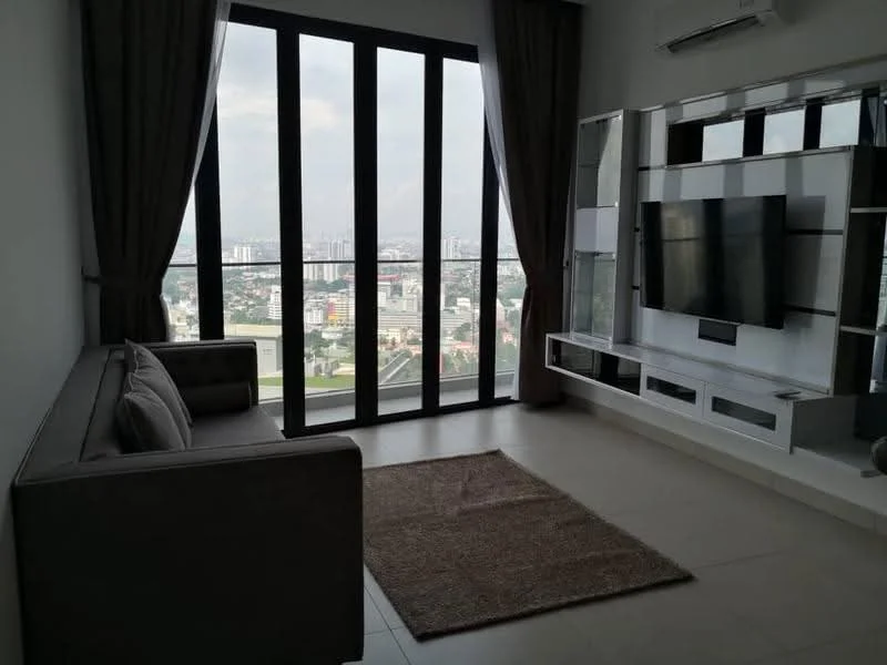 Living features: floor-to-ceiling windows, grey fabric sofa, wall-mounted TV, TV console with storage, area rug, recessed downlights, curtains, city view; style: modern; view: city.