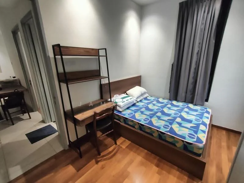 Bedroom features: single bed with mattress, wooden bed frame, study desk with chair, shelf unit with metal frame, wooden flooring, grey curtains, white painted walls, window with view to hallway; style: modern.