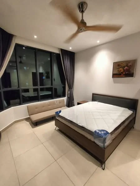 Bedroom features: king-size bed, upholstered headboard, sofa, floor-to-ceiling windows, blackout curtains, light-colored walls, tile flooring, ceiling fan, decorative artwork; style: modern.