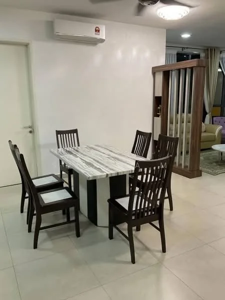 Dining features: marble dining table, 6-seater dining table, wooden dining chairs, white upholstered seat cushions, wall-mounted split AC, cream painted walls, tile flooring, recessed ceiling lights, decorative partition, curtains on windows; style: modern.