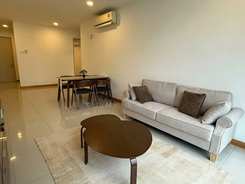 Living features: 3-seater fabric sofa in light grey, 2 decorative cushions, wooden coffee table, area rug, wall-mounted split AC, recessed downlights, white painted walls, glossy tile flooring, dining table with 4 chairs in background; style: modern.