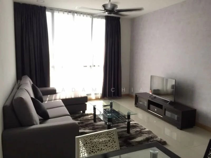 Living features: 3-seater fabric sofa in grey, 2-seater fabric sofa in grey, glass coffee table, TV console in dark wood, wall-mounted TV, area rug with geometric pattern, floor-to-ceiling windows, blackout curtains, ceiling fan with light, light-coloured tiled flooring, decorative wall with textured finish; style: modern; view: city.