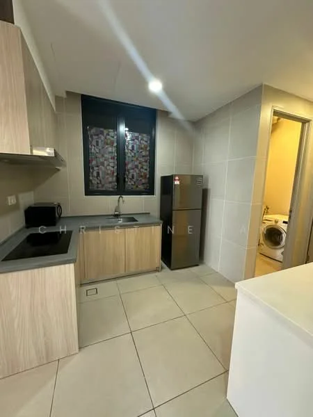 Kitchen features: light wood cabinetry, grey countertop, single-bowl stainless-steel sink, chrome pull-down faucet, built-in microwave, stainless-steel fridge, ceramic tile flooring, wall-mounted cabinets, window with patterned treatment, recessed lighting; style: modern. Laundry features: front-load washing machine, tile flooring.
