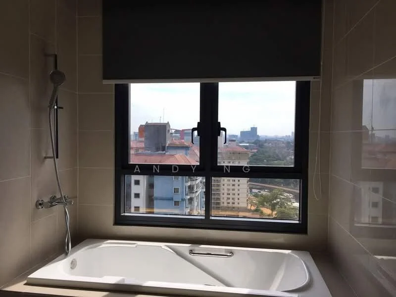 Bathroom features: freestanding bathtub, shower head, window with city view, grey tiled walls, white tiled flooring, roller blinds, chrome faucet, bathtub with integrated grab bar; style: modern; view: city.