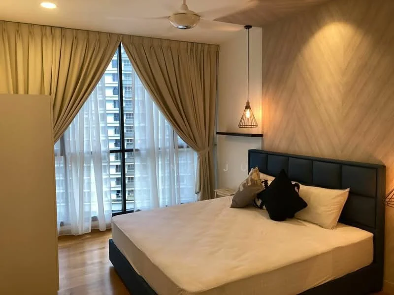 Bedroom features: king-size bed, upholstered headboard, bedside lamps, floor-to-ceiling windows, sheer curtains, blackout curtains, wooden flooring, ceiling fan, decorative pendant light, accent wall with herringbone pattern, built-in wardrobe; style: modern; view: city.