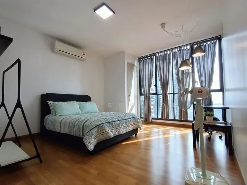 Bedroom features: queen-size bed with blue and white bedding, wooden flooring, floor-to-ceiling windows, sheer curtains, 1 wall-mounted split AC, 3-blade ceiling fan, 2 pendant lights, decorative floor fan, open shelving unit, neutral painted walls; style: modern; view: city.