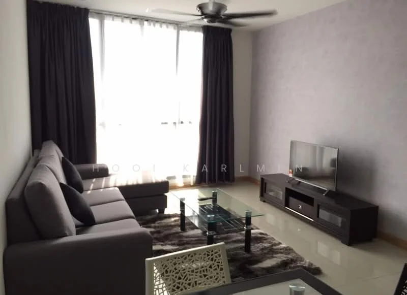 Living features: 3-seater fabric sofa in grey, 2-seater fabric sofa in grey, glass coffee table, TV console, wall-mounted TV, area rug with geometric pattern, floor-to-ceiling windows, sheer curtains, 5-blade ceiling fan with light, cream painted walls, tile flooring; style: modern.