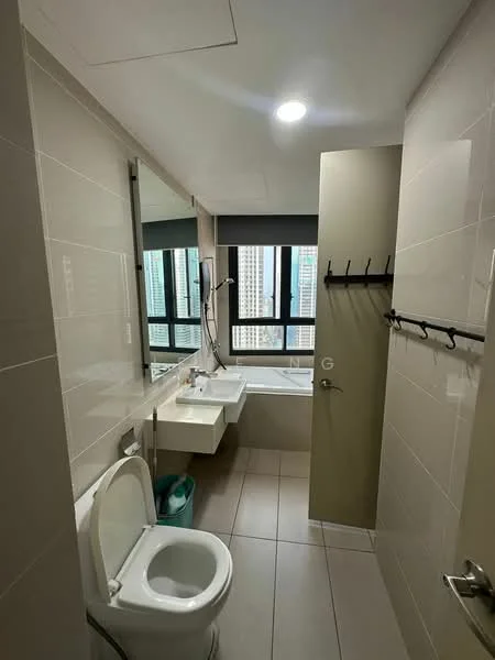 Bathroom features: white tiled walls, light grey tiled flooring, single-sink vanity with wall-mounted cabinet, chrome basin mixer faucet, framed mirror above sink, bathtub with showerhead, one-piece toilet, window with city view, towel rack, light fixture in ceiling; style: modern; view: city.