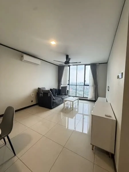 Living features: grey fabric sofa, white coffee table, wall-mounted TV, white sideboard, floor-to-ceiling windows, curtains, 5-blade ceiling fan with light, white painted walls, glossy tile flooring, air conditioning unit; style: modern; view: city.