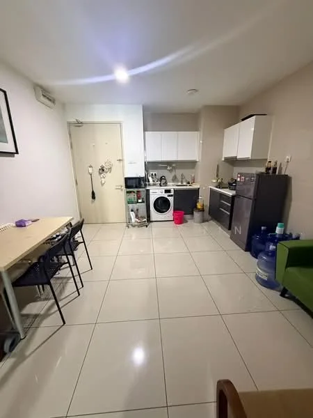 Kitchen features: white cabinetry, black countertop, stainless-steel sink, chrome pull-down faucet, built-in oven, freestanding washing machine, 4-burner gas hob, refrigerator, tile flooring, wall-mounted split AC, dining table with chairs, green sofa, water dispenser; style: modern.