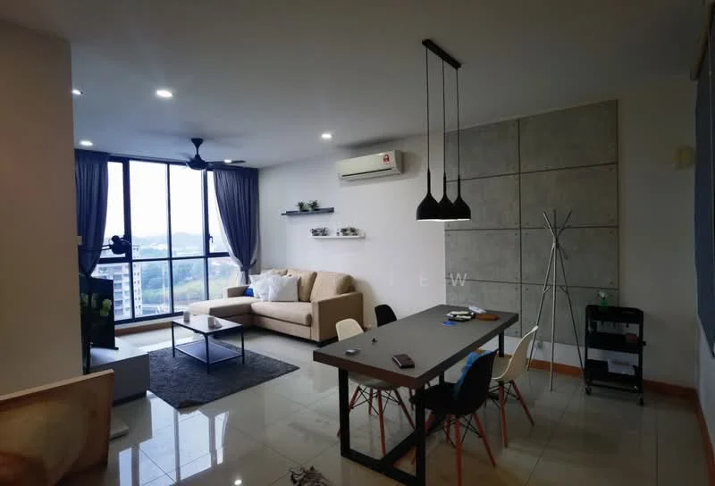 Living features: 3-seater fabric sofa in beige, coffee table, area rug, floor-to-ceiling windows, city view, 5-blade ceiling fan with light, recessed LED downlights, wall-mounted shelf, decorative wall panel with concrete finish, curtains, TV console, wall-mounted TV; style: modern; view: city. Dining features: dining table, 4 dining chairs in various colors, pendant lighting above table; style: modern; view: city.