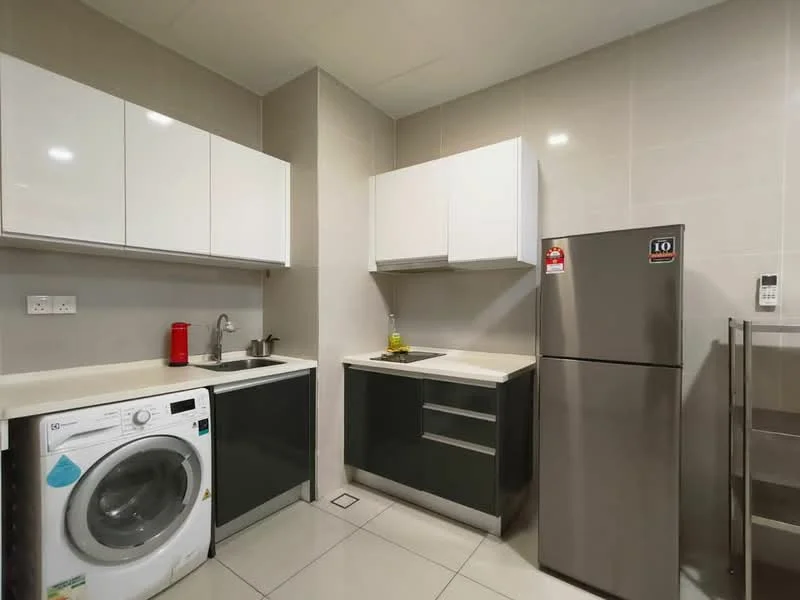 Kitchen features: white upper cabinets, black lower cabinets, stainless-steel refrigerator, built-in sink, single-bowl stainless-steel sink, chrome pull-down faucet, white countertop, ceramic tile flooring, front-load washing machine, kitchen shelving unit, wall-mounted air conditioning unit; style: modern.