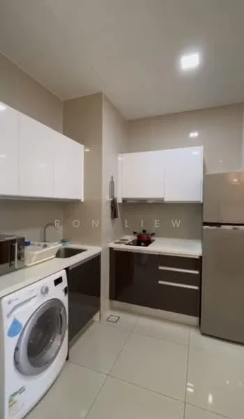 Kitchen features: white high-gloss cabinetry, dark brown lower cabinets, stainless-steel fridge, built-in oven, single-bowl stainless-steel sink, chrome pull-down faucet, washing machine, ceramic tile flooring, recessed LED downlights, neutral wall tiles, countertop with backsplash; style: modern.