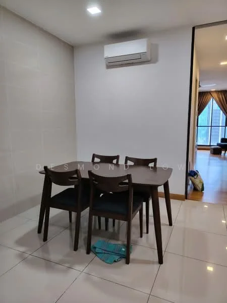 Dining features: 4-seater dining table, dark wood dining chairs, white tiled flooring, wall-mounted split AC, neutral painted walls, recessed ceiling lights; style: modern.