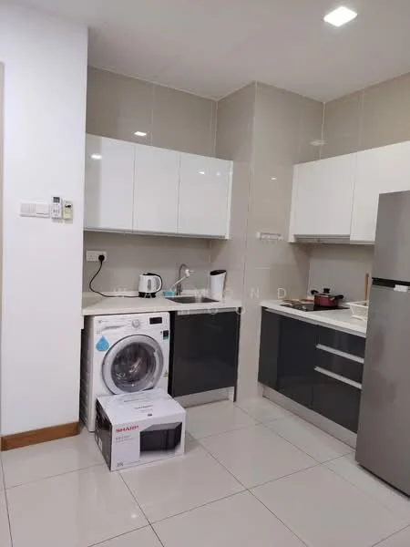 Kitchen features: white upper cabinets, grey lower cabinets, stainless-steel fridge, built-in oven, ceramic cooktop, single-bowl stainless-steel sink, chrome pull-down faucet, white tiled backsplash, washing machine, countertop with space for appliances, recessed downlights, tile flooring; style: modern.