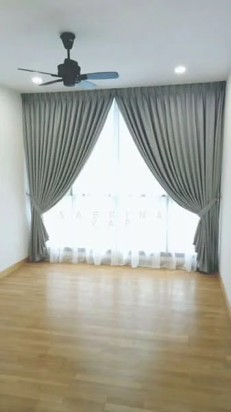 Room features: wooden flooring, white painted walls, floor-to-ceiling windows, sheer curtains, blackout curtains, 5-blade ceiling fan with light, recessed downlights; style: modern.