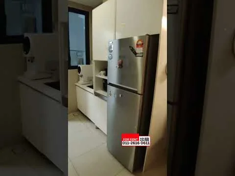 Kitchen features: white cabinetry, stainless-steel fridge, countertop with sink, built-in microwave, ceramic tile flooring, wall-mounted cabinets, kitchen countertop, window with view, light switch, appliance with stickers; style: modern.