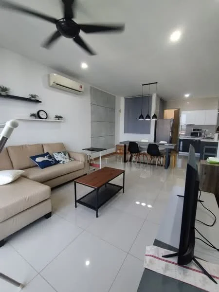 Living features: 3-seater fabric sofa in beige, coffee table with black metal frame, wall-mounted TV, ceiling fan, wall-mounted air conditioning unit, white painted walls, tile flooring, decorative wall shelf, framed wall clock, dining table with black chairs, pendant lighting above dining area, open layout to kitchen; style: modern.