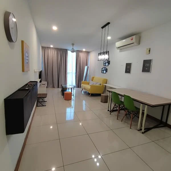 Living features: white painted walls, glossy ceramic tile flooring, 5-blade ceiling fan with light, recessed LED downlights, sofa in yellow, coffee table, TV console, wall-mounted TV, dining table with 4 chairs, decorative wall clock, curtains, air conditioning unit; style: modern.