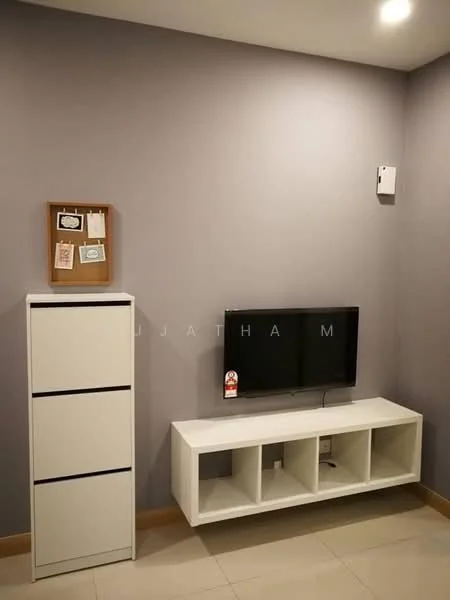 Living features: grey painted walls, white TV console, wall-mounted TV, white storage cabinet, floor tiles, recessed lighting, decorative wall board, wooden flooring; style: modern.