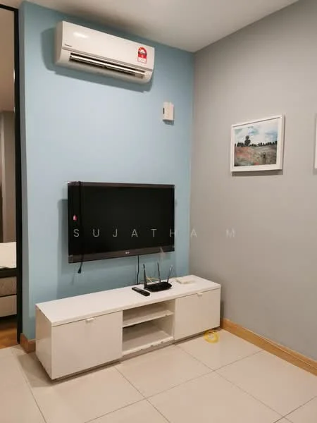 Living features: wall-mounted TV, white TV console, light blue accent wall, cream tiled flooring, wall-mounted split AC, decorative framed artwork, cable box on console, visible power outlets; style: modern.
