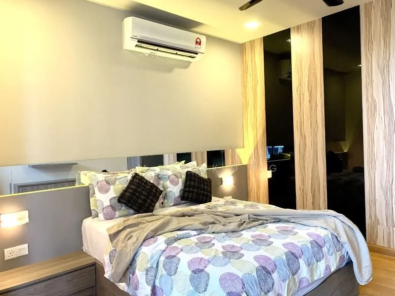 Bedroom features: queen-size bed with patterned bedding, two bedside lamps, wooden bedside tables, wall-mounted air conditioning unit, mirrored wall, accent wall with wood paneling, grey painted walls, ceiling fan, decorative throw pillows; style: modern.