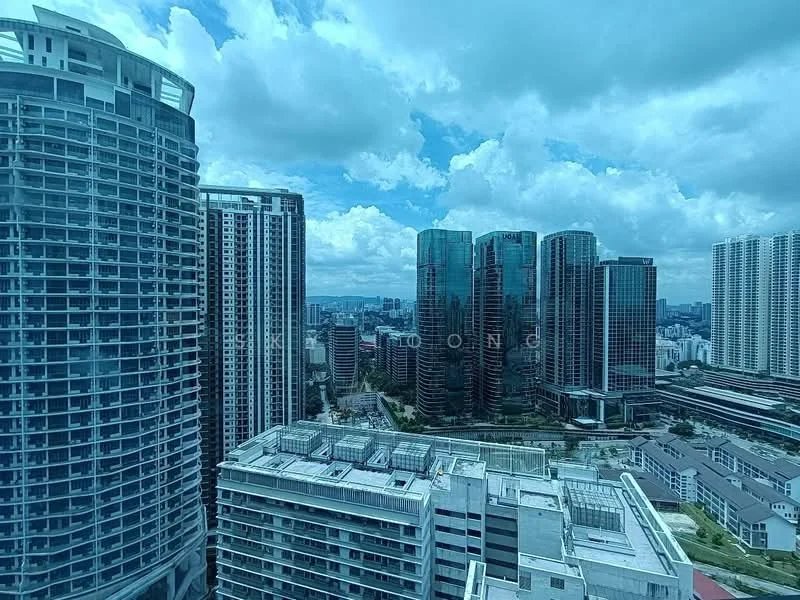Exterior type: high-rise condominium; features: glass curtain wall, modern architectural design, surrounded by urban skyline, multiple high-rise buildings, green landscaping at ground level, city view, cloudy sky, rooftop amenities visible; style: modern.