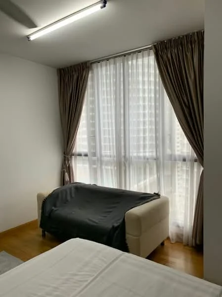 Room features: floor-to-ceiling windows, sheer curtains, dark grey throw blanket on sofa, wooden flooring, light-coloured sofa, white walls, curtains in beige, recessed ceiling lights; style: modern; view: city.