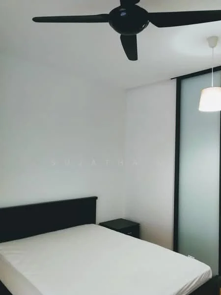 Bedroom features: white painted walls, ceiling fan, hanging pendant light, black wooden bed frame, nightstand, sliding glass wardrobe; style: modern.