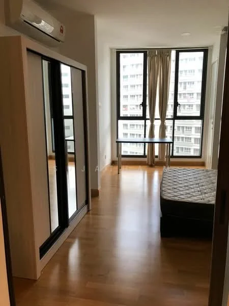 Bedroom features: wooden flooring, floor-to-ceiling windows, black sliding mirror wardrobe, air conditioning unit, bed frame without mattress, small round table, curtains, neutral wall color; style: modern.