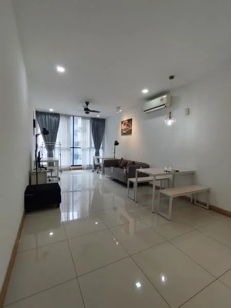 Living features: white painted walls, glossy ceramic tile flooring, 5-blade ceiling fan with light, recessed LED downlights, floor-to-ceiling windows, sheer curtains, grey fabric sofa, coffee table with white legs, TV console, wall-mounted TV, decorative wall art; style: modern; view: city.