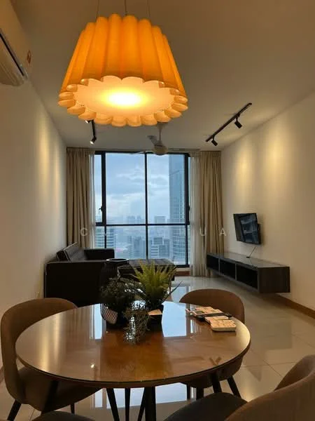 Living features: floor-to-ceiling windows, grey sofa, wooden coffee table, TV console, wall-mounted TV, 5-blade ceiling fan with light, recessed LED downlights, curtains, decorative plant, area rug, light fixture with orange shade, polished tile flooring; style: modern; view: city. Dining features: round wooden dining table, upholstered dining chairs, decorative centerpiece, table setting, polished tile flooring; style: modern; view: city.