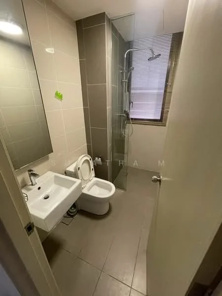 Bathroom features: white wall tiles, grey floor tiles, single-sink vanity with wall-mounted mirror, chrome basin mixer faucet, one-piece toilet, walk-in shower with glass enclosure, rain shower head, shower wall with tile cladding, window with blinds; style: modern.