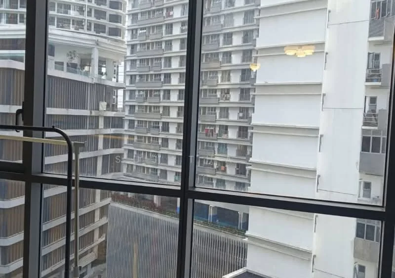 Room features: floor-to-ceiling windows, city view, grey walls, concrete flooring, modern lighting fixtures; style: modern; view: city.