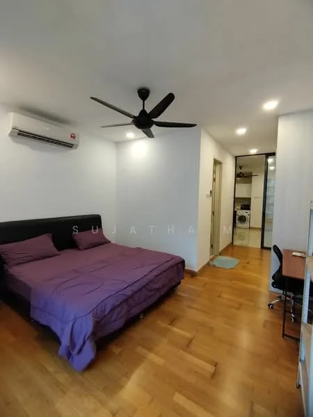 Bedroom features: king-size bed with purple bedding, 5-blade ceiling fan with light, 1 wall-mounted split AC, wooden flooring, study desk, chair, built-in wardrobe, neutral painted walls, recessed downlights; style: modern.