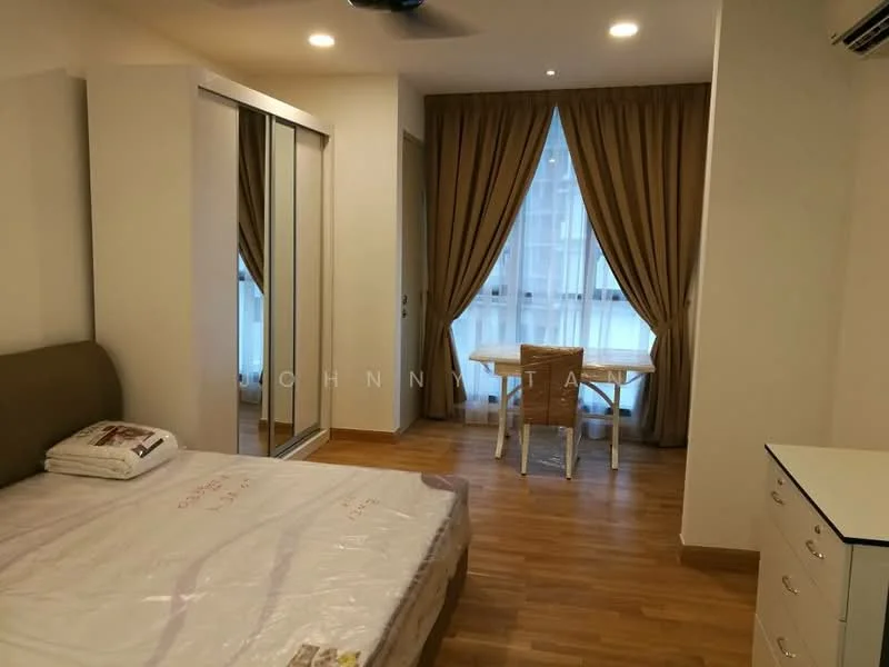 Bedroom features: queen-size bed, upholstered headboard, built-in wardrobe with sliding doors, wooden flooring, floor-to-ceiling windows, sheer curtains, ceiling fan, dining table for two, decorative wall, light fixtures, neutral wall color; style: modern.
