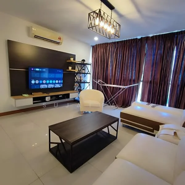 Living features: white walls, glossy tile flooring, 5-blade ceiling fan with light, wall-mounted TV, black TV console, wooden coffee table, 2-seater sofa in white, single armchair in brown, black metal shelving unit, floor-to-ceiling windows with brown curtains, air conditioning unit; style: modern.