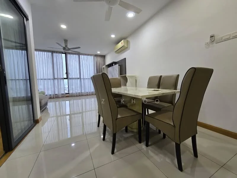 Dining features: 6-seater dining table, upholstered dining chairs, white glossy tabletop, floor-to-ceiling windows, sliding glass door, light-colored walls, recessed downlights, polished tile flooring, ceiling fan; style: modern; view: city. Living features: sofa, coffee table, TV console, area rug; style: modern; view: city.