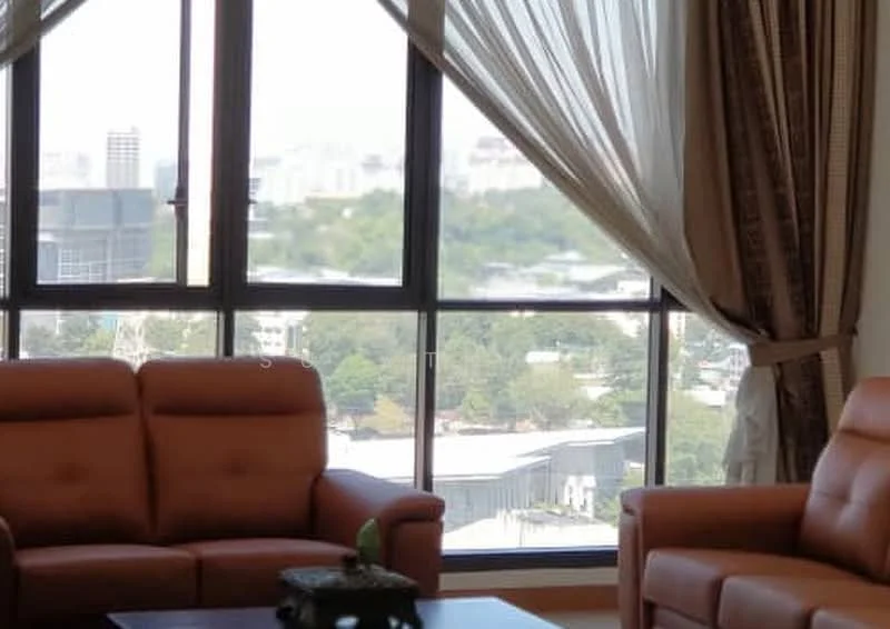 Living features: brown leather sofa, 2-seater sofa, coffee table, floor-to-ceiling windows, sheer curtains, city view, wooden flooring, decorative plant; style: modern; view: city.