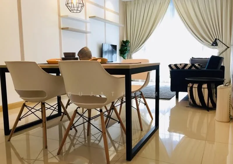 Dining features: white dining table with black legs, 4 white plastic dining chairs with wooden legs, decorative wall shelves, floor-to-ceiling windows, sheer curtains, polished tile flooring, green indoor plant, black and white patterned sofa, black floor lamp, TV console, decorative items on the table; style: modern; view: garden.