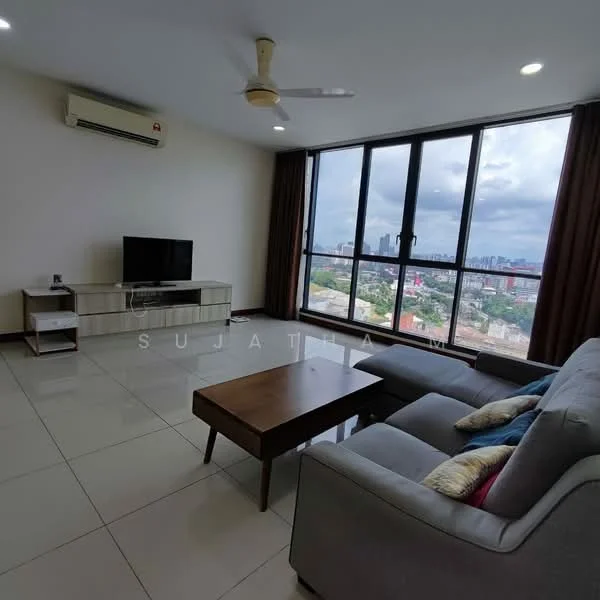 Living features: 3-seater fabric sofa in grey, wood coffee table, wall-mounted TV, TV console, floor-to-ceiling windows, curtains, 1 wall-mounted split AC, ceramic tile flooring, recessed downlights, decorative cushions, city view; style: modern; view: city.