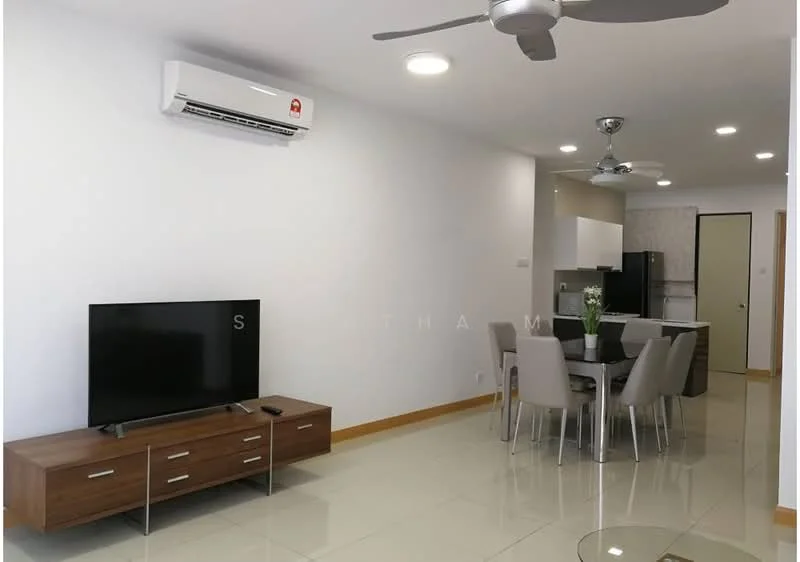 Living features: wall-mounted TV, wooden TV console, 5-blade ceiling fan with light, wall-mounted split AC, dining table with 6 chairs, ceramic tile flooring, recessed downlights, neutral painted walls, open layout to kitchen, large windows for natural light; style: modern.
