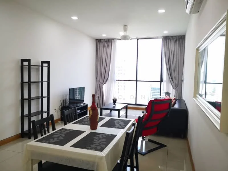 Living features: floor-to-ceiling windows, grey curtains, white painted walls, recessed downlights, 5-blade ceiling fan with light, black TV console, wall-mounted TV, black coffee table, red accent chair, black sofa, dining table with 6 chairs, decorative vase on table, open shelving unit; style: modern; view: city.