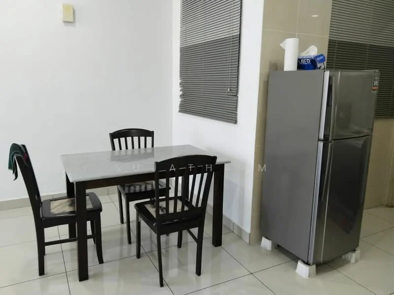 Dining features: 4-seater dining table with grey marble top, black wooden dining chairs, stainless-steel fridge, white walls, grey tiled flooring, window with blinds, countertop with cleaning supplies; style: modern.