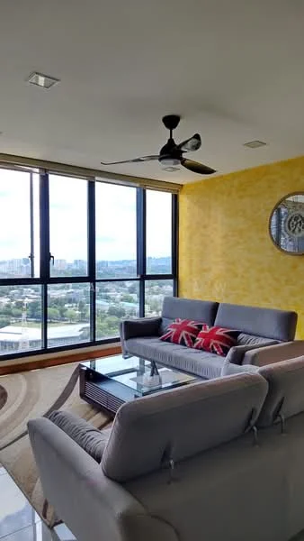 Living features: floor-to-ceiling windows, 3-blade ceiling fan, grey fabric 3-seater sofa, grey fabric 2-seater sofa, glass coffee table, decorative cushion with Union Jack pattern, yellow painted walls, area rug with circular pattern, wall-mounted round mirror; style: modern; view: city.