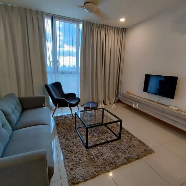 Living features: 3-seater fabric sofa in grey, glass coffee table, area rug with neutral color, wall-mounted TV, TV console, floor-to-ceiling windows, sheer curtains, ceiling fan, light-colored walls, tile flooring; style: modern; view: city.