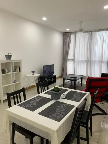Dining features: white walls, tile flooring, 5-blade ceiling fan, dining table with white tablecloth, black dining chairs, decorative plant on table, TV console, wall-mounted TV, curtains, shelf unit, black coffee table, red accent chair; style: modern.