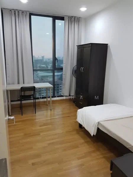 Bedroom features: single bed with mattress, wooden flooring, floor-to-ceiling window, grey curtains, black study desk, black chair, dark wood wardrobe, ceiling light, wall-mounted fan; style: modern; view: city.