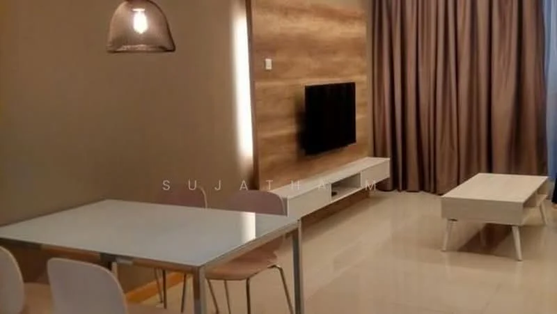 Living features: light brown accent wall, flat-screen TV mounted on wall, white TV console, glass-top dining table, 4 dining chairs, light fixture with pendant design, floor-to-ceiling curtains, polished tile flooring; style: modern.
